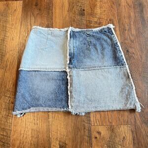 VTG Y2K No Boundaries Denim Skirt Patchwork Design Size Junior 9 RAW HEM 90s